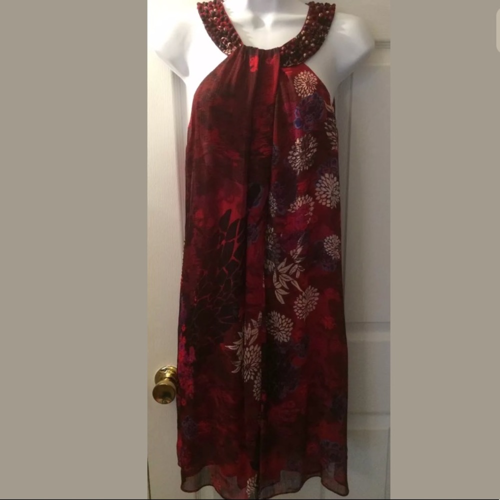 New ECI Dress Beaded Trim Red Burgundy Floral